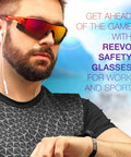 Man wearing Reevo Safety Glasses With Red Mirror Lens UV U6 And Impact Rated ANSI Z87.1 Wraparound Shield outdoors