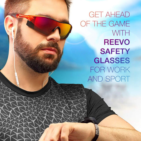 Man wearing Reevo Safety Glasses With Red Mirror Lens UV U6 And Impact Rated ANSI Z87.1 Wraparound Shield outdoors