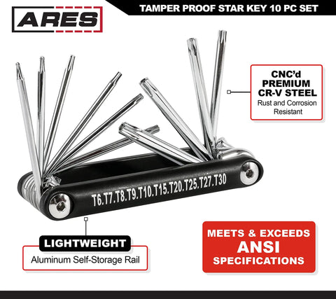 Tamper-Proof Folding Star Key Set 10 Pieces T-6 to T-30 with corrosion-resistant CR-V steel and aluminum rails shown open