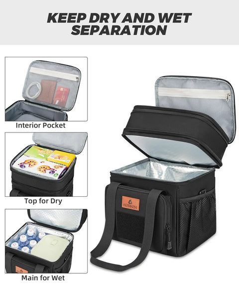 Expandable Large Tactical Lunch Box with dual insulated compartments and shoulder strap, showing dry and wet separation, black.