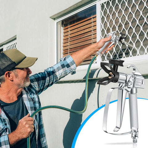 Man using Heavy Duty Airless Paint Spray Gun 3 Pack With 513 515 519 Tips for exterior window painting.