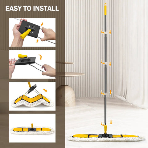 Heavy Hitter 24 Inch Commercial Dust Mop With Two Premium Microfiber Pads setup instructions at various angles for easy use.