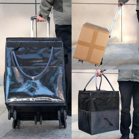 On Wheels Grocery Cart 54L Capacity Foldable Rolling Tote with drawstring bag, shown carrying a box and groceries, 360-degree wheels visible.
