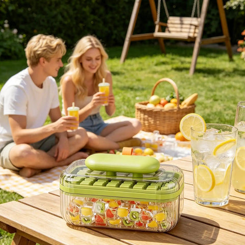 Go To Press Type Cold Block Mold Nonstick Ice Trays With Secure Lids Easy Release Freeze Tray for cocktail cubes outdoors with drinks.