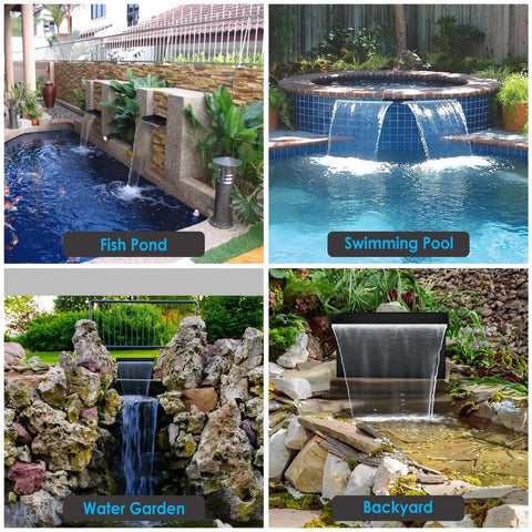 All In One Pond Waterfall Kit With LED Lights 8 Inch Stainless Steel Spillway 660 GPH Pump Outdoor Fountain in backyard and water garden settings