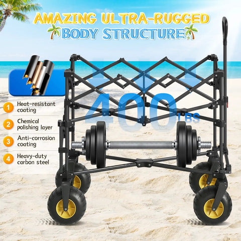 Heavy-Duty Beach Wagon With Big All-Terrain Wheels For Sand showcasing 400 lb load capacity and rugged structure on beach