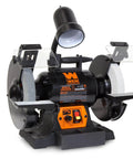 Rock Hard Bench Grinder With Eight Inch Grinding Wheels And A Snappy Variable Speed Motor That Gives You Dead Nuts Control For Sharpening Blades Or Smoothing Metals Plus Integrated LED lamp and quick coolant tray.