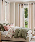 Bedroom with Candy Stripe Linen Curtains For Kids Room Two Panels 96 Inch Length Kid Friendly Grommet Window Treatments Light Filtering
