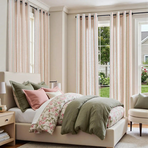 Bedroom with Candy Stripe Linen Curtains For Kids Room Two Panels 96 Inch Length Kid Friendly Grommet Window Treatments Light Filtering