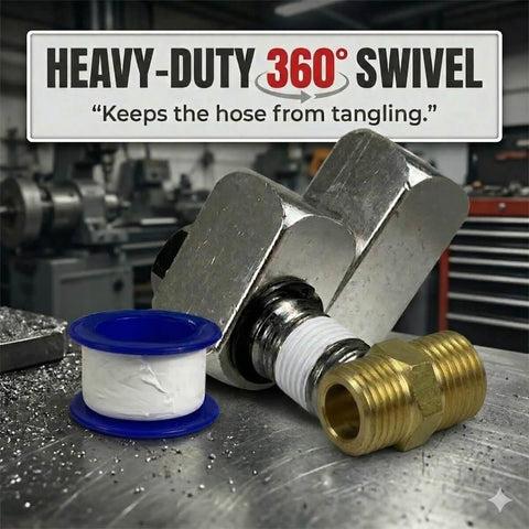 Air Compressor Swivel Connector Kit With 360 Degree Quick Connect Fittings, 1/4 NPT Male Adapter, and Teflon Tape in workshop