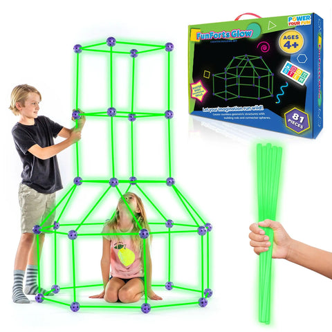 Kids playing with Glow In The Dark Fort Building Kit For Kids 81 Pack With 53 Rods And 28 Spheres STEM Construction Toys