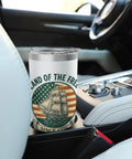 Patriotic Insulated Tumbler With US Flag Sailboat Motif Red White And Blue Stainless Steel Travel Mug in car cup holder