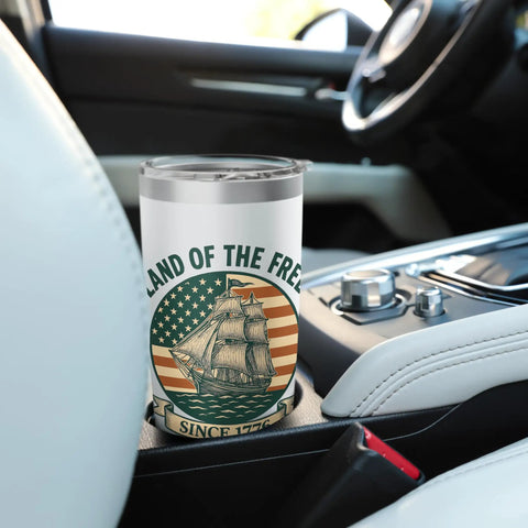 Patriotic Insulated Tumbler With US Flag Sailboat Motif Red White And Blue Stainless Steel Travel Mug in car cup holder