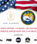 Ash Harbor family-owned, US-based SBA-backed business logos with American flag and network logos including HGTV, FOX, ABC, NBC, CBS.