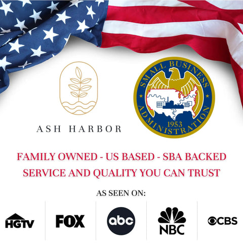 Ash Harbor family-owned, US-based SBA-backed business logos with American flag and network logos including HGTV, FOX, ABC, NBC, CBS.