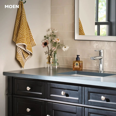Bathroom sink with Meena Chrome One-Handle Bathroom Sink Faucet With Single Hole Mount And Optional Deckplate Drain Assembly Slick Chrome Finish