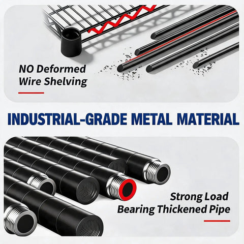 Heavy Gauge Five Tier Carbon Steel Shelving Rack With Reinforced Mesh Panels And Self Leveling Feet built tough, showing industrial-grade metal and thickened pipe.