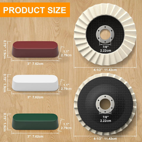 BURMONG 8-Piece wool polishing wheel kit size diagram; five 4-1/2 in buffing wheels and three polishing discs with 7/8 in arbor holes