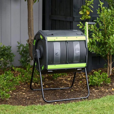 48 Gallon Compost Tumbler With Cart Dual Compartment Geared System For Easy Emptying Elevated Base With Turning Lock Ratchet in garden