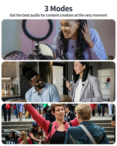 People using Wireless Lavalier Microphone For iPhone With AI Noise Reduction, 24bit 48kHz Studio Sound in various settings