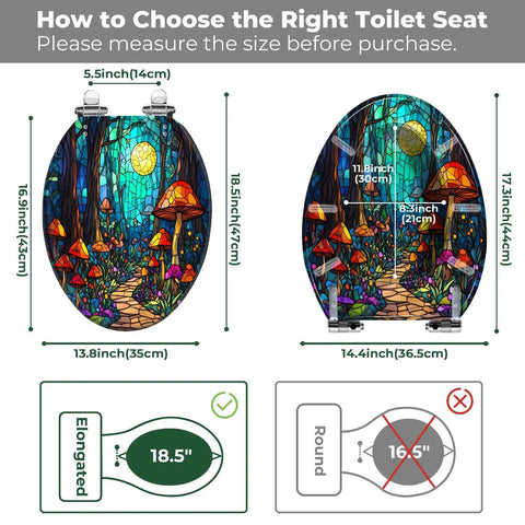 Elongated Decorative Resin Toilet Seat for Bathroom measuring chart with dimensions and fitting options.