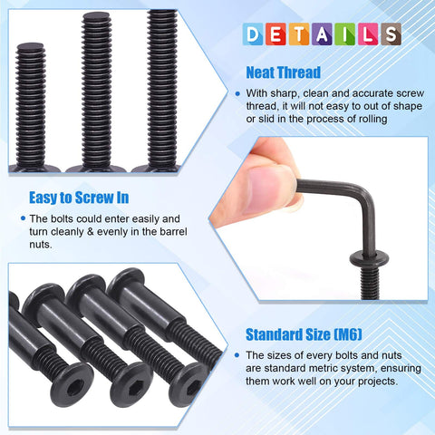 Black M6 Hex Socket Cap Bolts Kit With 16 20 25 30 35 mm Lengths, Allen Head Countersunk Design, close-up of bolts and wrench