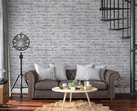 Living room with Grey Faux Brick Peel And Stick Wallpaper Roll 17.7 By 472 Inches Self Adhesive Vinyl Film as feature wall decor