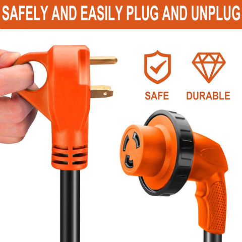 30 Amp RV Extension Cord 25 Ft With Locking TT-30P To L5-30R Connector, Heavy Duty 10/3 Gauge Copper, Weather Resistant STW Insulated, Perfect For Campgrounds, Generators, And Park Power Access. Orange RV power plug and receptacle with safety and durability icons.