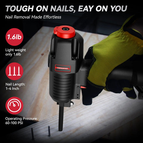 Heavy Duty Pneumatic Nail Gun And Nail Remover With Extra Driver And Bumper held by gloved hand for 1 to 4 inch nails