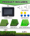 Diagram showing 3 In 1 Golf Practice Mat Set With Instant Swing Path Feedback, replaceable mats, rubber base, tees, and balls.