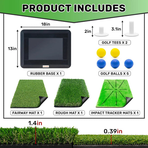 Diagram showing 3 In 1 Golf Practice Mat Set With Instant Swing Path Feedback, replaceable mats, rubber base, tees, and balls.