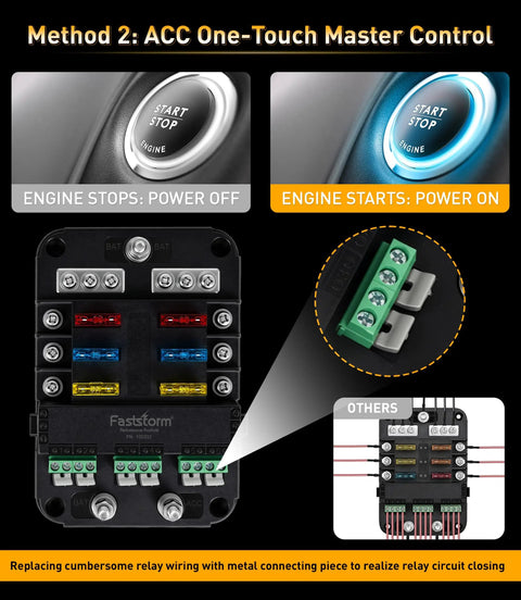 12V 6 Way Fuse Block With Relay For Marine And RV Applications with ACC One-Touch Master Control