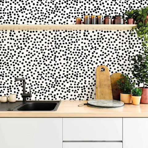 Modern kitchen with Easy Peel And Stick Black Polka Dot Wallpaper Roll No Mess Install 17.7 By 393.7 Inches Covers 48.4 Sq Ft Breezy