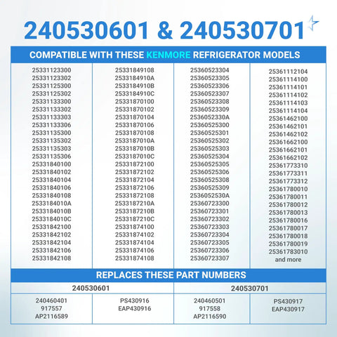 Model compatibility list for Left And Right Refrigerator Drawer Slide Rails Replacement Kit For Kenmore And Frigidaire, part numbers 240530601 240530701.