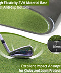 31mm Thick Golf Mat 5ft By 4ft Ultra Durable Hitting Mat showing high-elasticity EVA base with anti-slip, golf club on turf