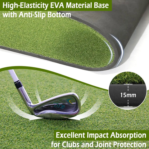 31mm Thick Golf Mat 5ft By 4ft Ultra Durable Hitting Mat showing high-elasticity EVA base with anti-slip, golf club on turf