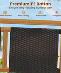 Detail of Two Person Wooden Outdoor Glider Bench With Acacia Wood Armrests And Wicker Back And Seat Rocking Patio Loveseat