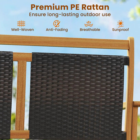 Detail of Two Person Wooden Outdoor Glider Bench With Acacia Wood Armrests And Wicker Back And Seat Rocking Patio Loveseat