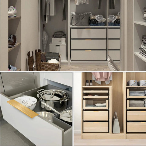 10 Pack Finger Edge Pull Handles 80mm Brushed Gold Aluminum Edge Pulls Right Angle Cabinet Hardware installed on kitchen drawers