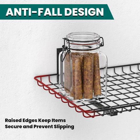 Garage Wall Shelves 12 By 24 Inch Heavy Duty Metal Wall Mounted Storage Shelf Set 2 Pack Black Rust Resistant Finish Each Shelf Holds Up To 60 Lbs with anti-fall design shown securing a jar.