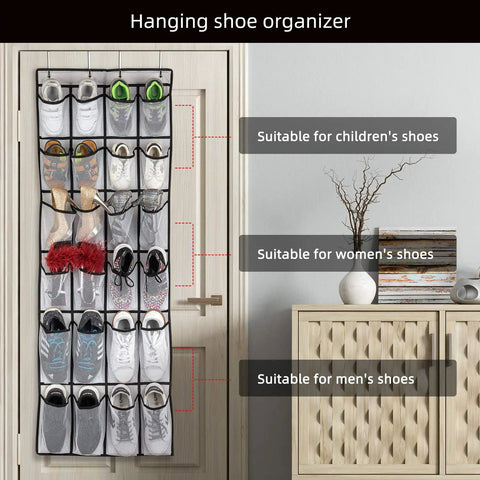 Over The Door Space Saver Shoe Organizer with 24 Mesh Pockets Hanging on Door Containing Children's, Women's, Men's Shoes