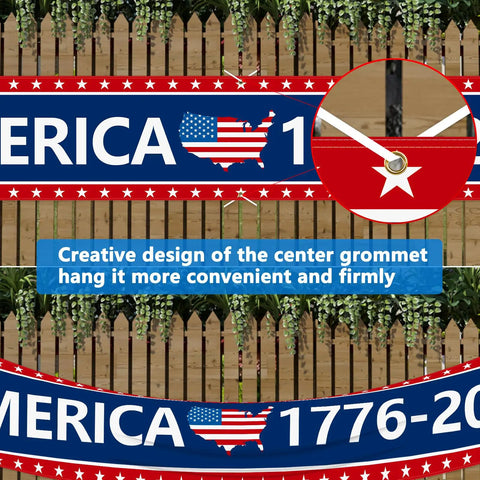 Detailed view of Oversized 120 By 20 Inch Patriotic Anniversary Banner 250th Celebration America 1776 2026 US Birthday Pride Outdoor Indoor Yard Garden Porch Lawn Decor grommet design for secure hanging.