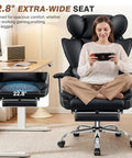 Woman sitting cross-legged on Big And Tall Leather Office Chair With Footrest For All Day Comfy Support, black ergonomic chair