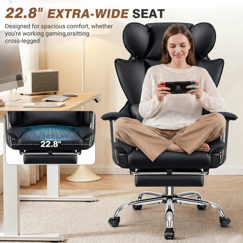 Woman sitting cross-legged on Big And Tall Leather Office Chair With Footrest For All Day Comfy Support, black ergonomic chair