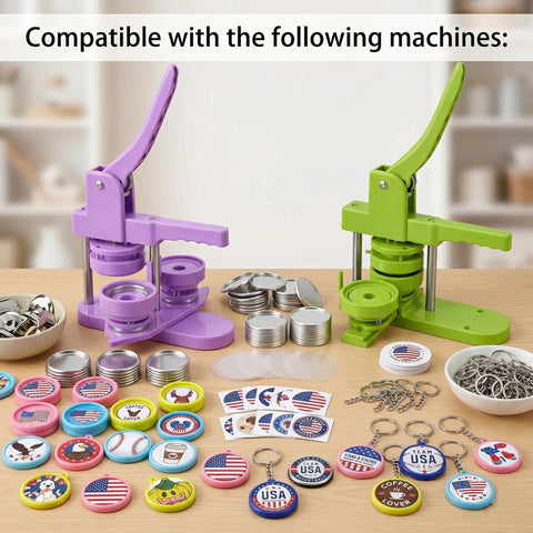 50 Pack Keychain Button Making Kit For 1.25 Inch Button Makers with two presses, metal shells, PVC films, and colorful buttons.
