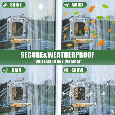 Clear Window Bird Feeder With Ultra Strong Suction Cups Dual Seed Tray And Water Bowl in various weather conditions