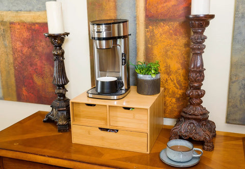 Extra Large Bamboo K Cup Holder And 2 Tier Counter Organizer Drawer With Sliding Design on kitchen counter