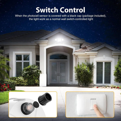 LED Dusk To Dawn Flood Light 80W 8000LM Exterior Security Lighting illuminating a house at night with switch control close-up.