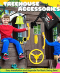 Nautical Themed Backyard Playground Accessories Set With Ship Wheels Telescope Telephone Bell Pirate Flag With Base Safety Handle Bars And Mounting Hardware For Outdoor Playhouse Or Swing Set featuring children at play.