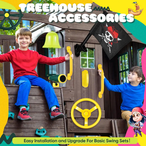 Nautical Themed Backyard Playground Accessories Set With Ship Wheels Telescope Telephone Bell Pirate Flag With Base Safety Handle Bars And Mounting Hardware For Outdoor Playhouse Or Swing Set featuring children at play.
